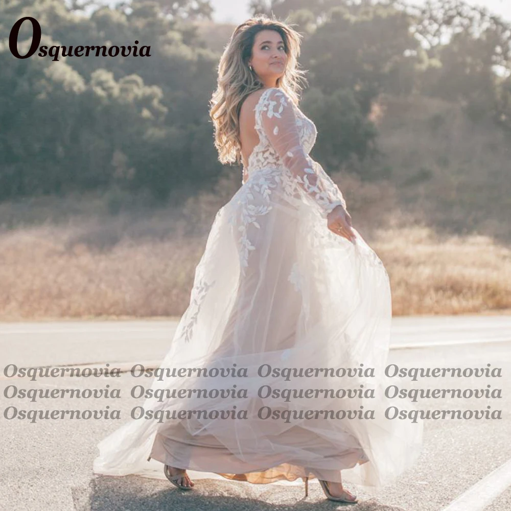 Osquernovia/ Изискани Сватбени рокли За жени С V-образно деколте и Аппликацией във формата на листа, С отворен гръб и Дълги ръкави, Женствена Рокля Трапецовидна Форма, Лицето