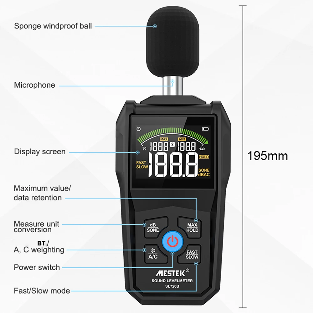 Дисплей шумомера MESTEK 30-130 db Цветен дисплей с подсветка Бърза Бавно честота на дискретизация Капацитивен микрофон Монитора на нивото на звука
