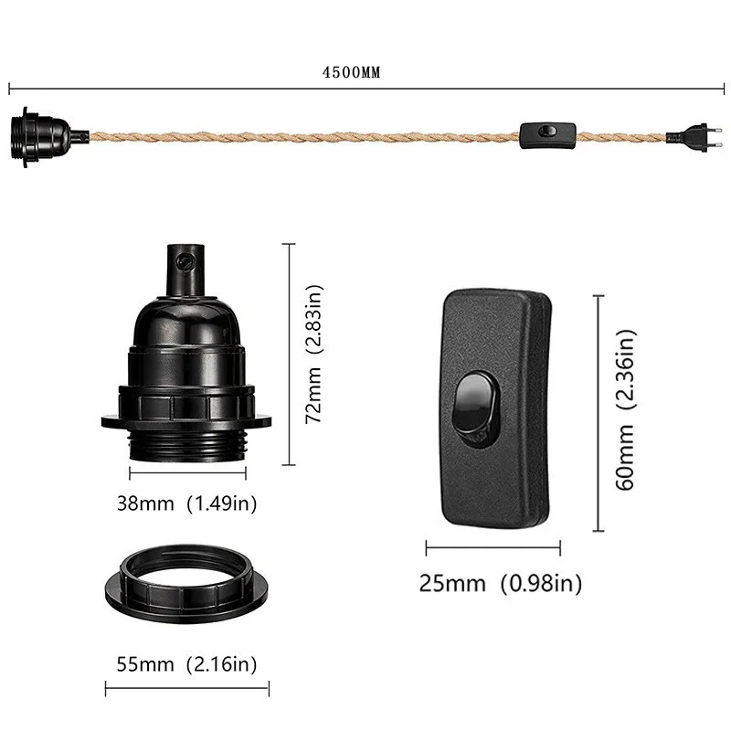 Комплект кабел подвесного лампа от пеньковой въже с дължина 4,5 м в ретро стил от ЕС, САЩ, Великобритания, Штекерный прекъсвач E26 E27, притежателят на лампи за лесни декорации подвесного лампа