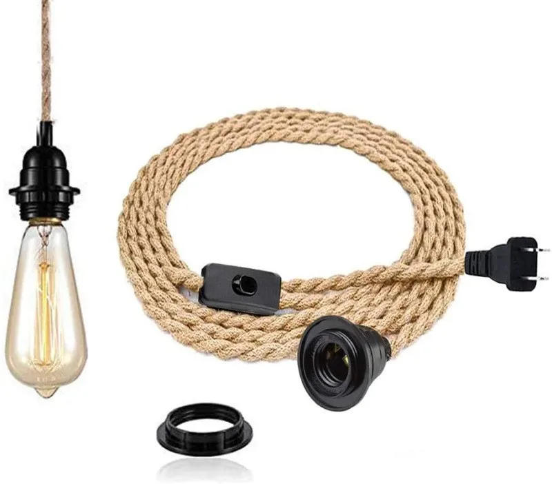 Комплект кабел подвесного лампа от пеньковой въже с дължина 4,5 м в ретро стил от ЕС, САЩ, Великобритания, Штекерный прекъсвач E26 E27, притежателят на лампи за лесни декорации подвесного лампа