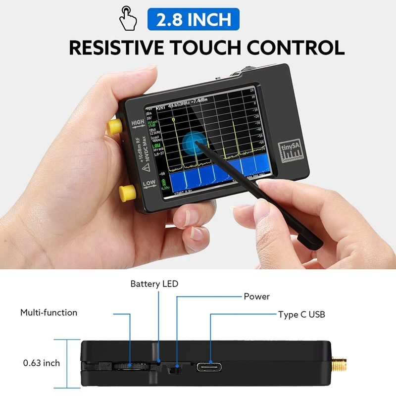 Спектрален Анализатор с докосване на екрана 2.8 инча за честота 0,1 Mhz-350 Mhz И вход UHF За честотен анализатор 240 Mhz-960 Mhz Черен